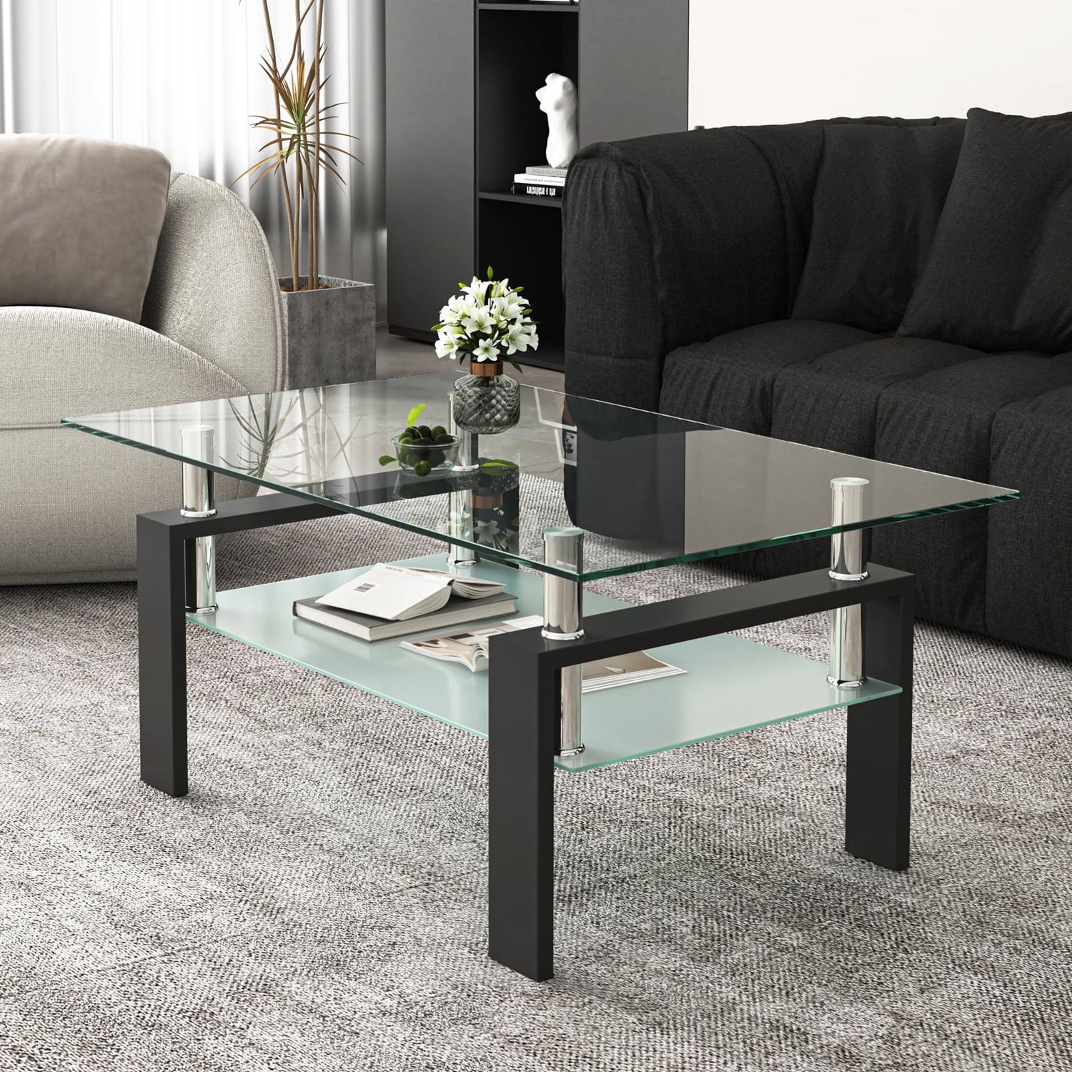 Most Recently Released Wood Tempered Glass Top Coffee Tables Intended For Hommoo Rectangular Glass Coffee Table, Wood Tempered Glass Top Coffee Table  Rectangular W/ Shelf Home Furniture, Center Table Sofa Table Home Furniture  For Living Room, Black – Walmart (Photo 6 of 10)