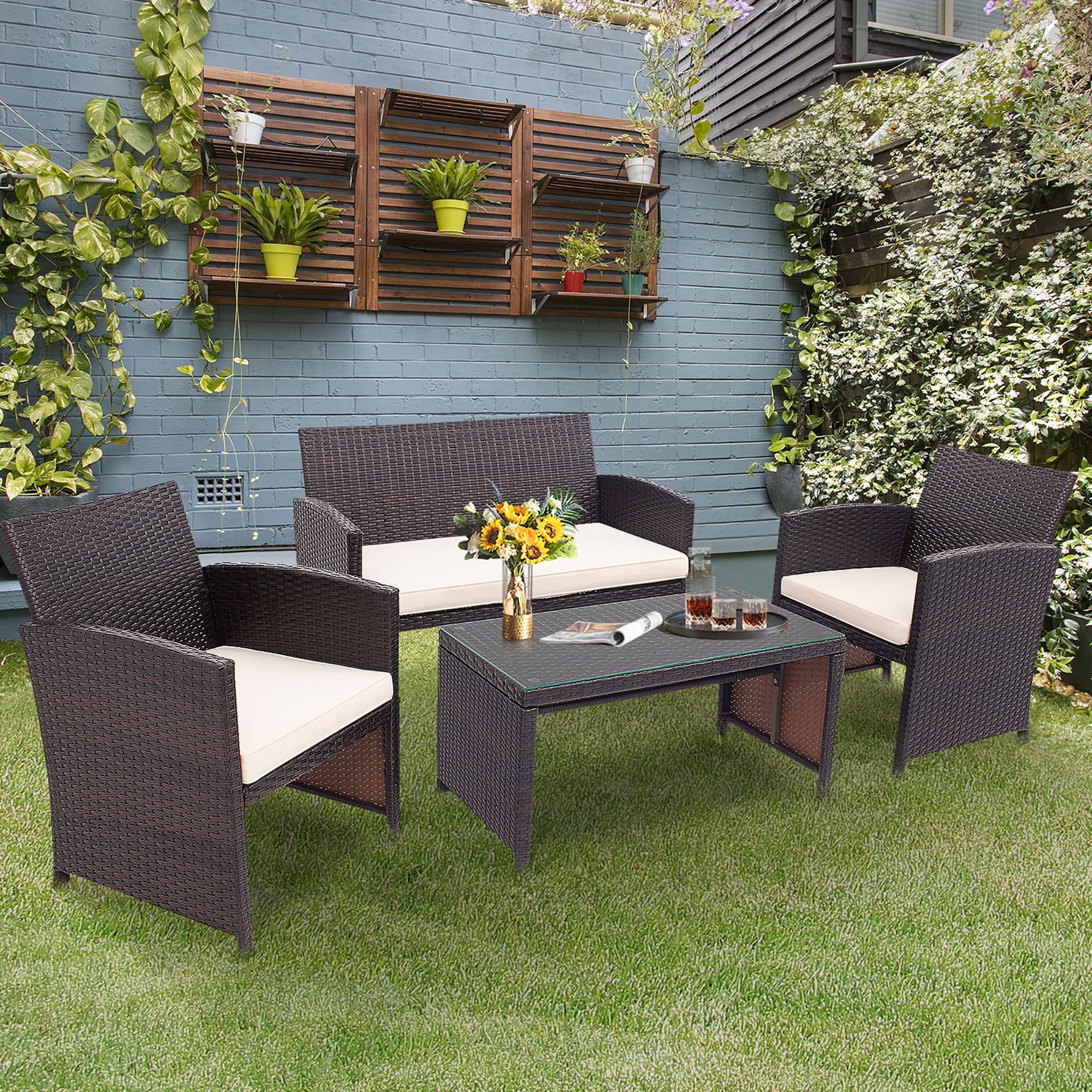 Most Up To Date 4pcs Rattan Patio Coffee Tables Throughout Costway 4pcs Patio Rattan Furniture Set Cushioned Chair Sofa Coffee Table  Navy – Walmart (Photo 9 of 10)