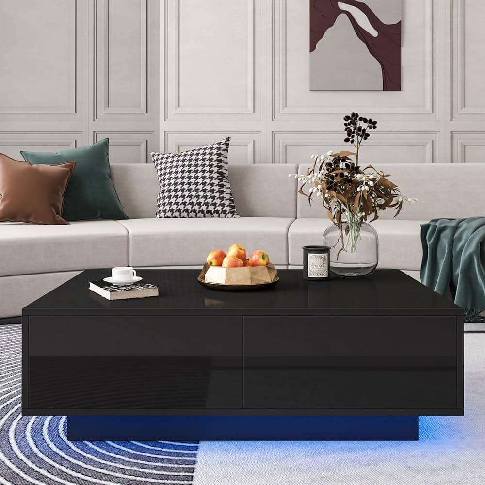 Most Up To Date Led Coffee Tables With 4 Drawers Intended For Woodyhome 37.4 In. Black Medium Rectangle Mdf Led Coffee Table With 4 Storage  Drawers Poa7027449 – The Home Depot (Photo 7 of 10)