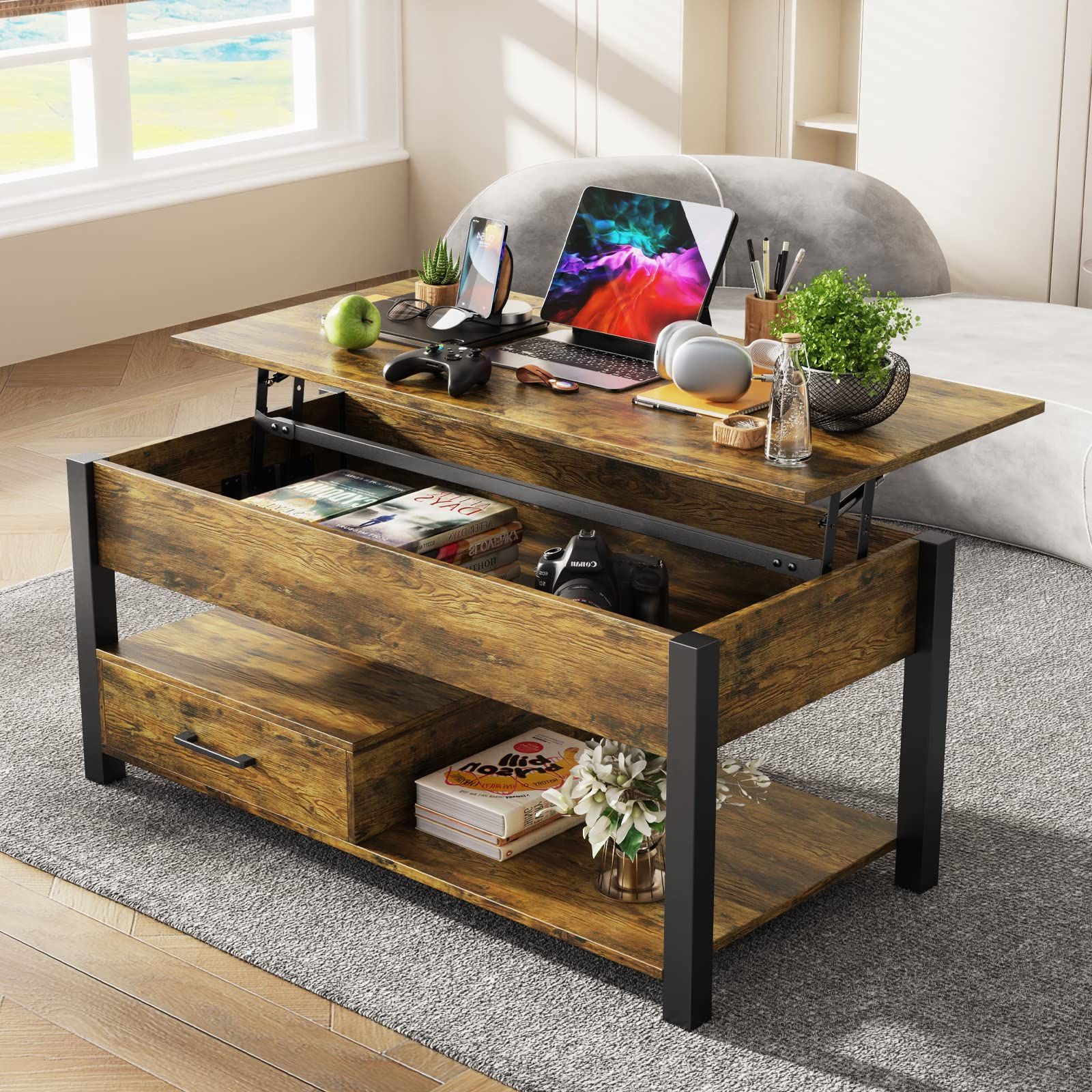 Most Up To Date Lift Top Coffee Tables With Hidden Storage Compartments Pertaining To Amazon: Duesi 41.7'' Lift Top Coffee Table, Modern Center Table With Hidden  Storage Compartment, Upgraded Lift Tabletop Dining Table For Living Room  Reception/home Office, Easy To Assembly : Home & Kitchen (Photo 3 of 10)