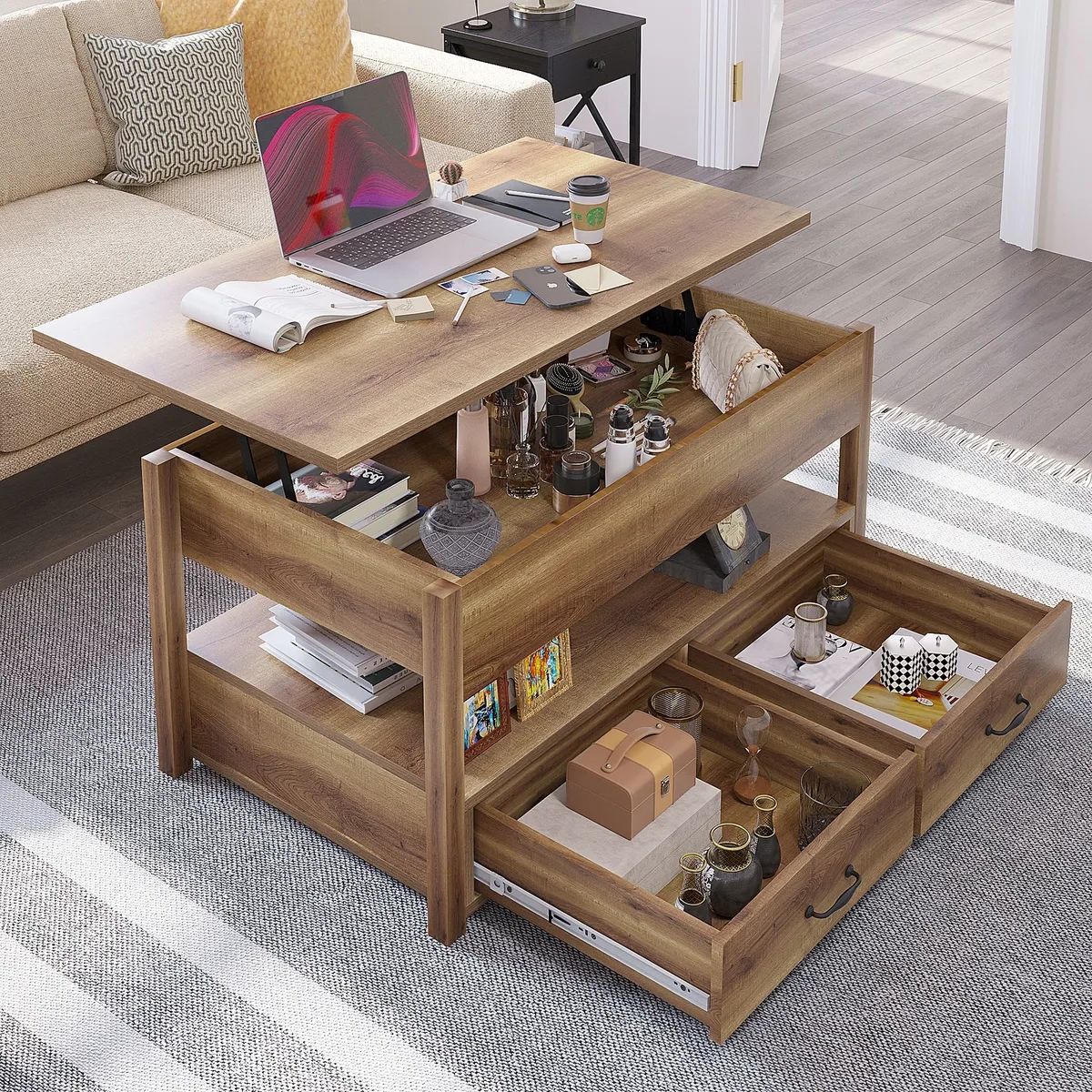 Most Up To Date Lift Top Coffee Tables With Regard To 2 Drawer Lift Top Coffee Table Wooden With Hidden Compartment & Storage  Shelves (View 6 of 26)