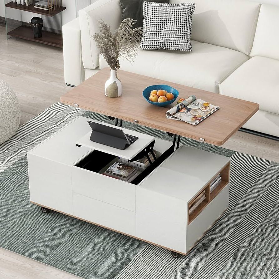 Most Up To Date Lift Top Coffee Tables With Storage Drawers Within Amazon: Vkkilpee Modern Lift Top Coffee Table On Wheels Multi  Functional Table With 3 Drawers, Convertible Dining Table, Large Storage  Space, Unique Rectangular Cocktail End Table For Small Place, White+oak :  Home (View 3 of 10)