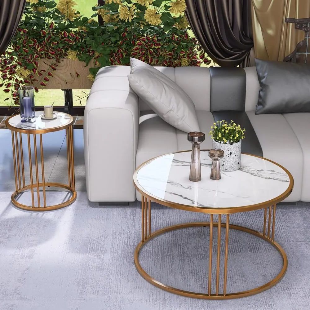New Practical Modern Coffee Table 2pcs Round Slate Coffee Table With Steel  Frame (Photo 1 of 10)