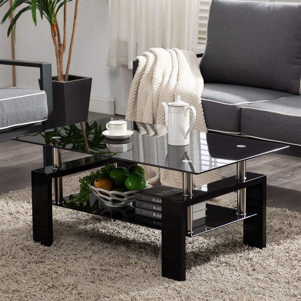 Newest Glass Center Table, Black Rectangle Side Coffee Table With Lower Shelf,  Modern Coffee Table With Metal Legs, Rectangle Center Table Sofa Table For  Living Room, 39.37"x23.62"x (View 5 of 10)