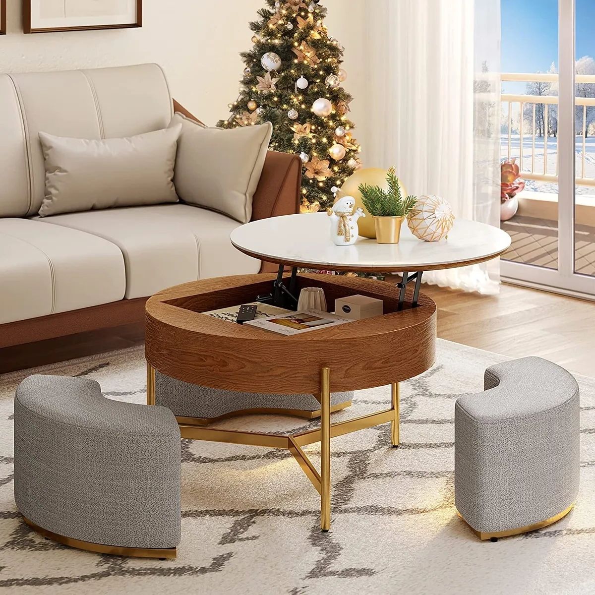 Newest Lift Top Coffee Tables With Regard To Round Lift Top Coffee Table W/ Storage Hidden Compartment 3 Stools Living  Room (Photo 25 of 26)