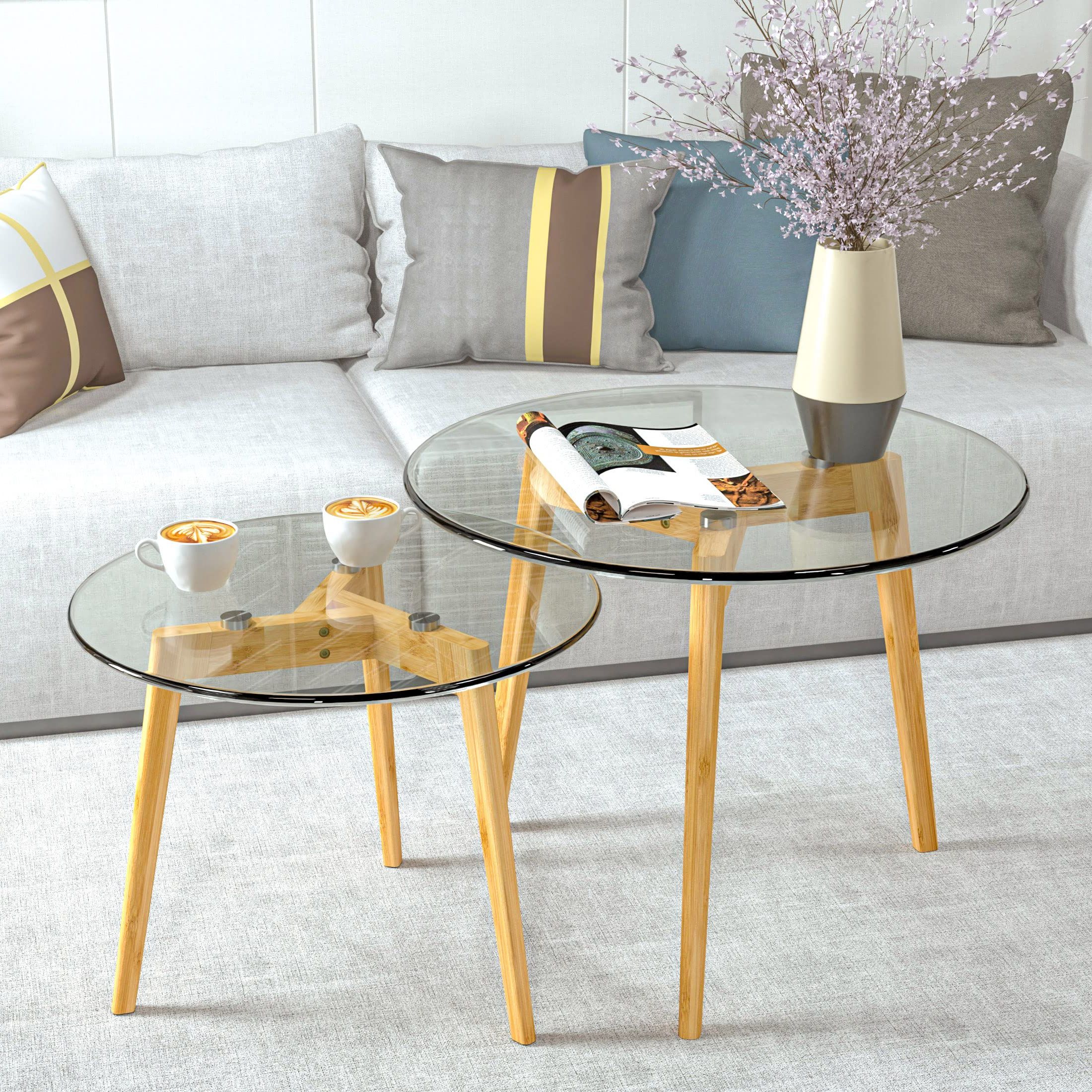 Newest Transparent Side Tables For Living Rooms Intended For Amazon: Bambloom Glass Coffee Table, Round Clear Nesting Tables Set Of  2, Transparent Modern Accent Living Room Side Table End For Home Office  Apartment Sofa, Easy Assembly : Home & Kitchen (Photo 1 of 10)