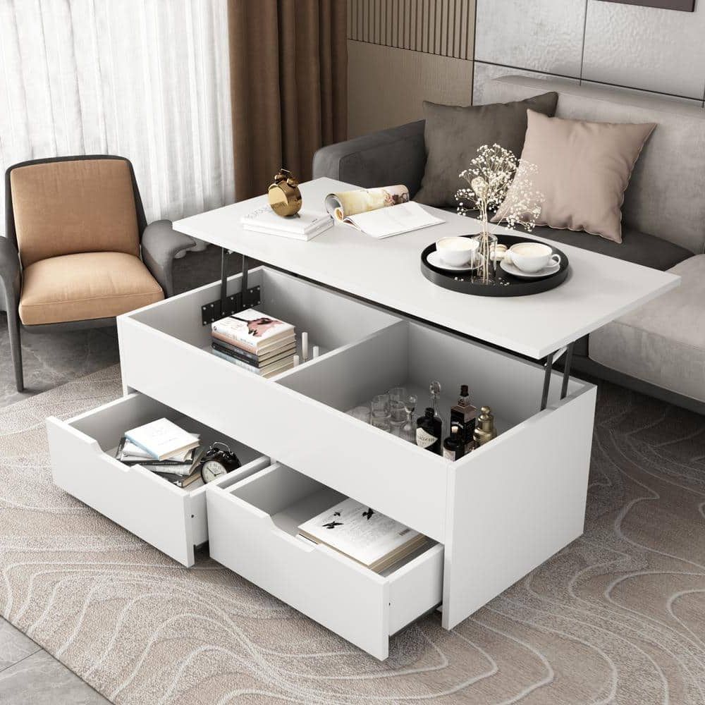 Popular Fufu&gaga 45.3 In. White Rectangle Mdf Wood Lift Top Coffee Table With  Hidden Storage Shelf And 2 Drawers Kf200019 01 – The Home Depot With Lift Top Coffee Tables With Shelves (Photo 4 of 10)