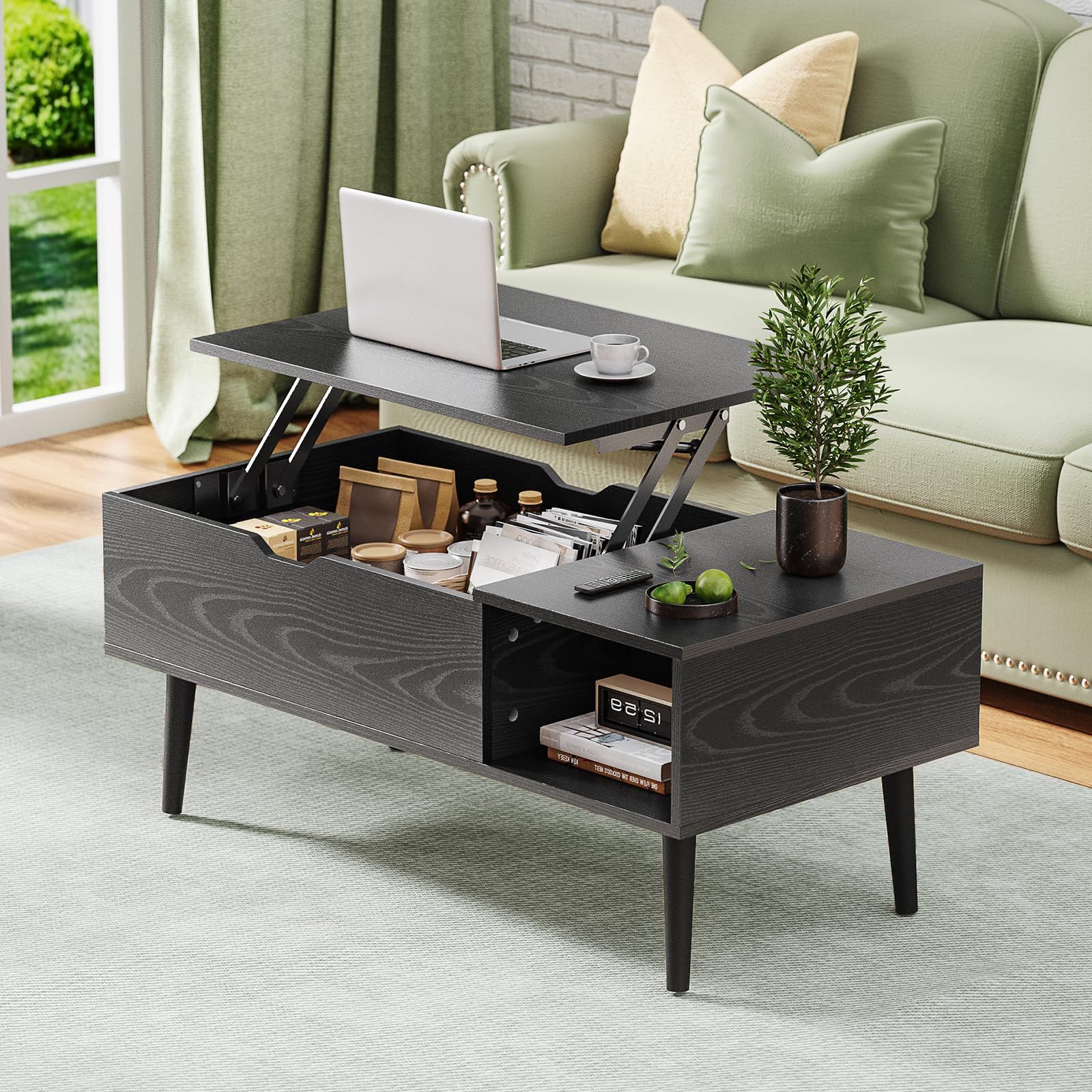 Popular Modern Wooden Lift Top Tables For Amazon: Olixis Modern Lift Top Coffee Table Wooden Furniture With  Storage Shelf And Hidden Compartment For Living Room Office, Black : Home &  Kitchen (Photo 1 of 10)