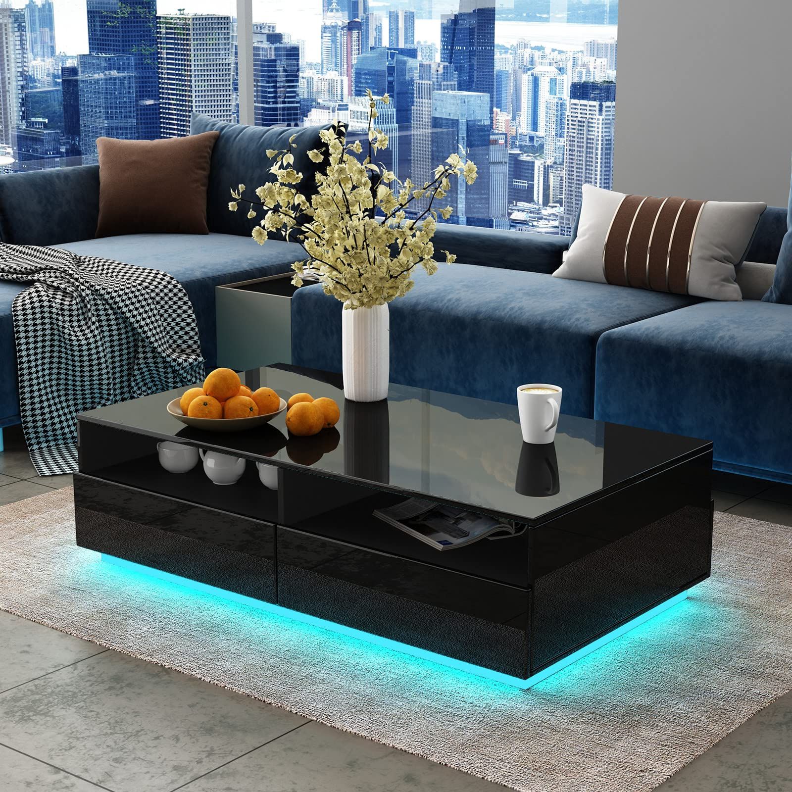 Preferred Coffee Tables With Led Lights Throughout Awoood Coffee Table For Living Room,led Side Table Modern Wooden Centre  Table,black Gloss Coffee Tables With 4 Drawer Storage For Home :  Amazon.co (View 7 of 10)