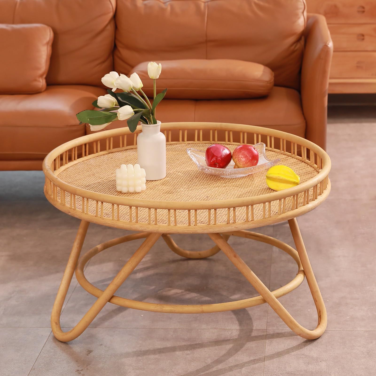 Rattan Coffee Tables Regarding Well Known Amazon: Finecasa Rattan Coffee Table Round,wicker Boho Hand Woven  Top,modern Unique Farmhouse Tray Top Center Table For Living Room, 32x18'',  Natural Wood : Home & Kitchen (Photo 2 of 10)