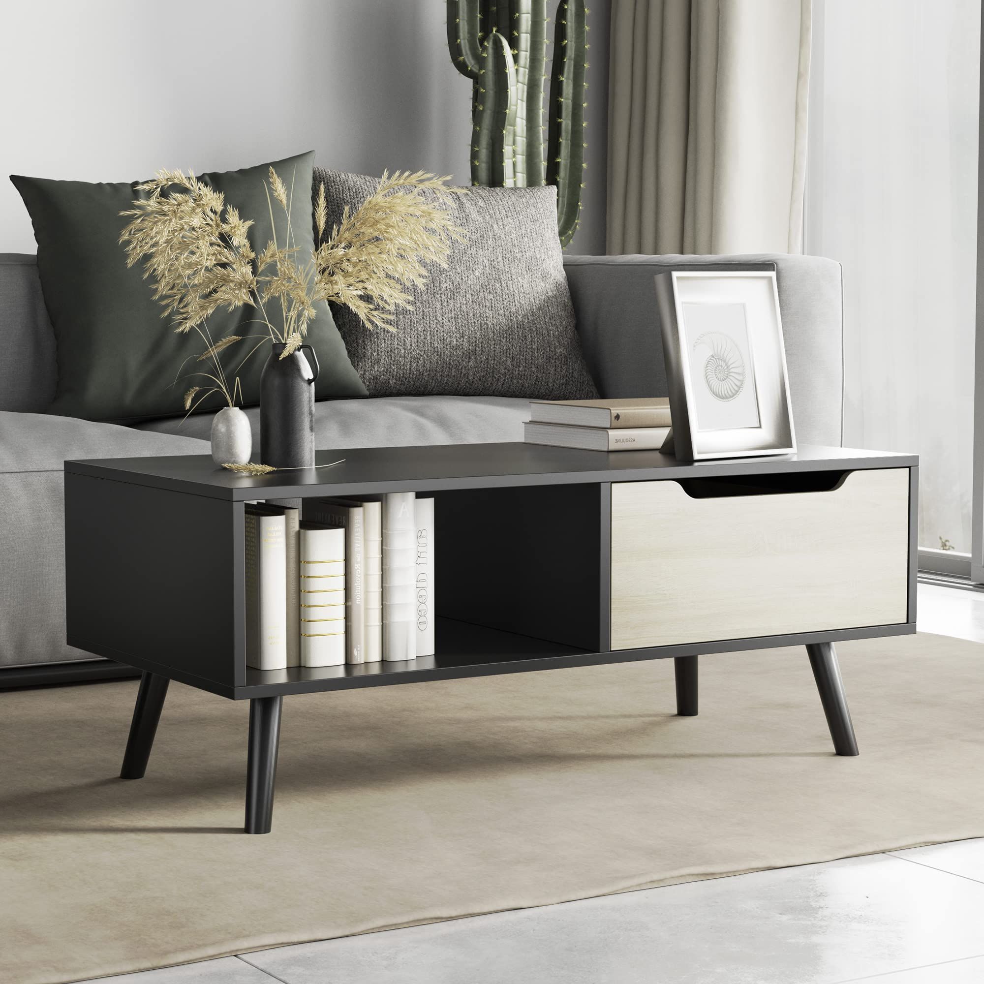 Recent Cozy Castle Boho Living Room Tables Pertaining To Amazon: Cozy Castle Modern Coffee Table, Wooden Cocktail Table With  Storage, Minimalist Hallway Table, Mid Century Modern Coffee Table For Living  Room Apartment Reception, Black : Home & Kitchen (Photo 5 of 10)