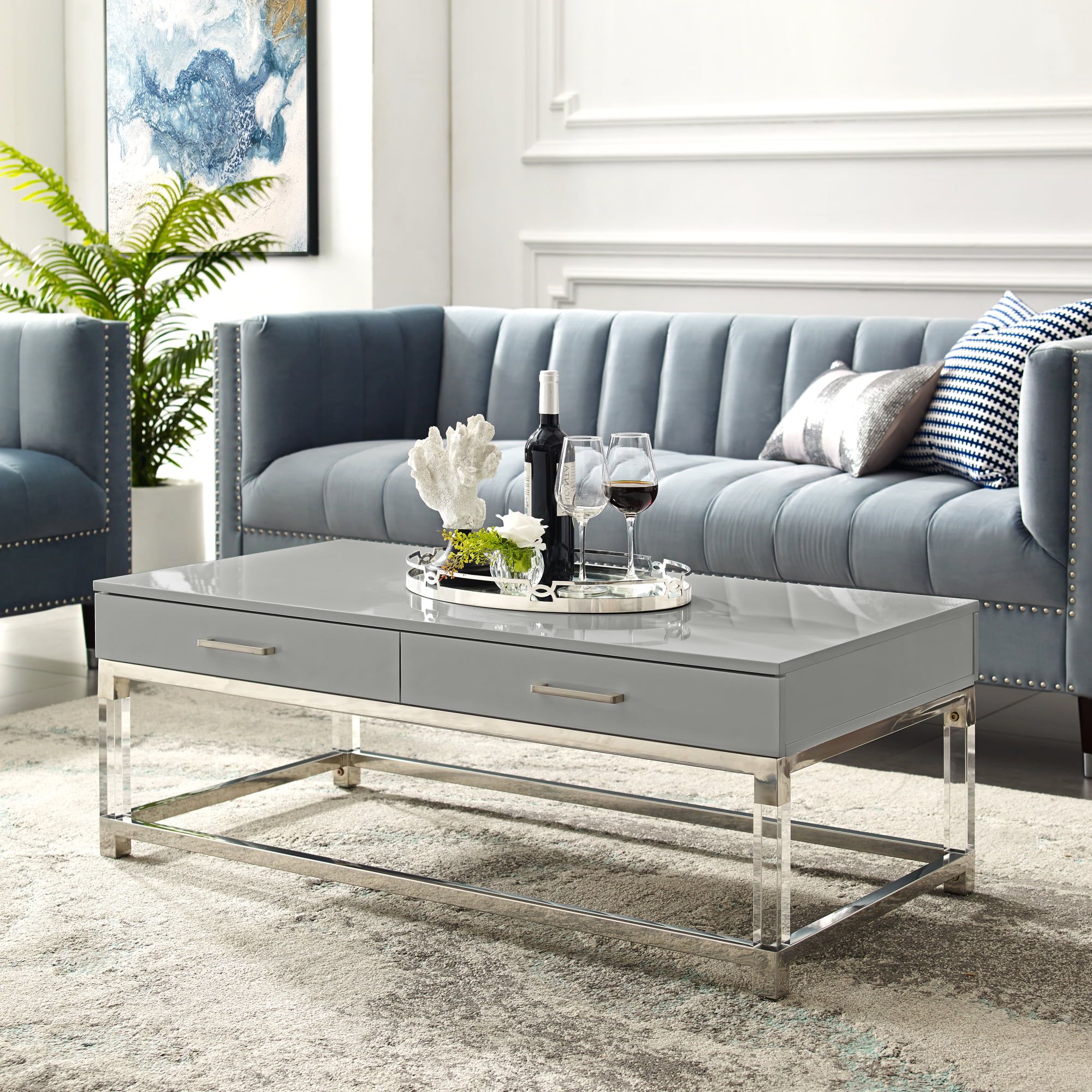 Recent Glossy Finished Metal Coffee Tables Inside Ebbe Light Grey Chrome Coffee Table – High Gloss Finish, Acrylic Leg,  Stainless Steel Base, 2 Drawers – Walmart (Photo 8 of 10)