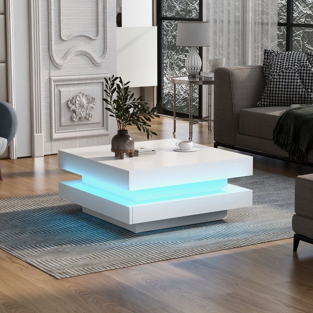 Recent Hassch Modern Square Cocktail Tables Inside Hassch Modern Coffee Table With Led Lights, Minimalist Square Cocktail Table  For Living Room, White – Walmart (Photo 4 of 10)
