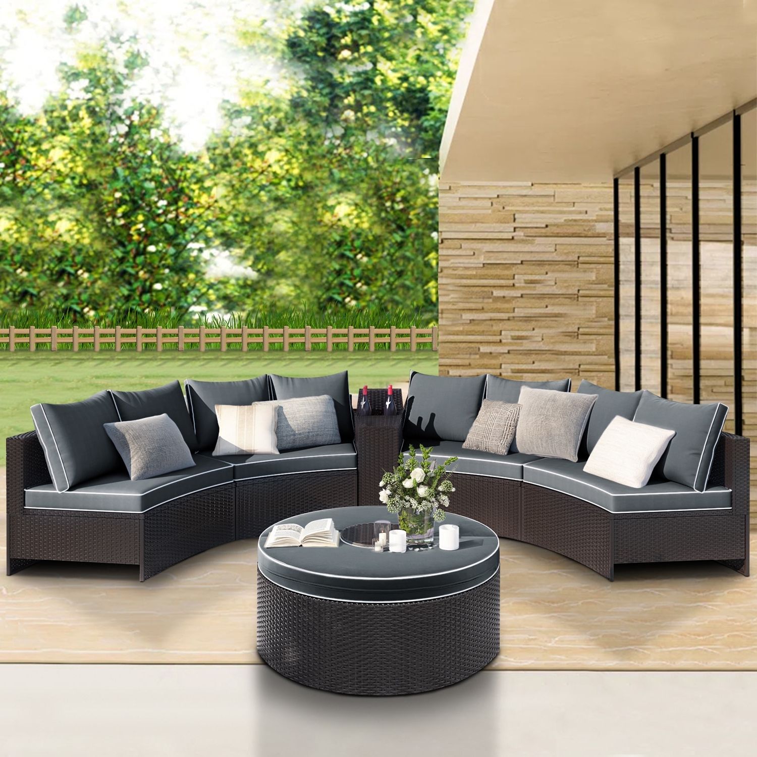 Recent Outdoor Half Round Coffee Tables For Maincraft 6 Pieces Outdoor Sectional Half Round Patio Rattan Sofa Set, Pe  Wicker Conversation Furniture Set W/ One Storage Side Table For Umbrella  And One Multifunctional Round Table, Brown+ Gray In The (View 8 of 10)