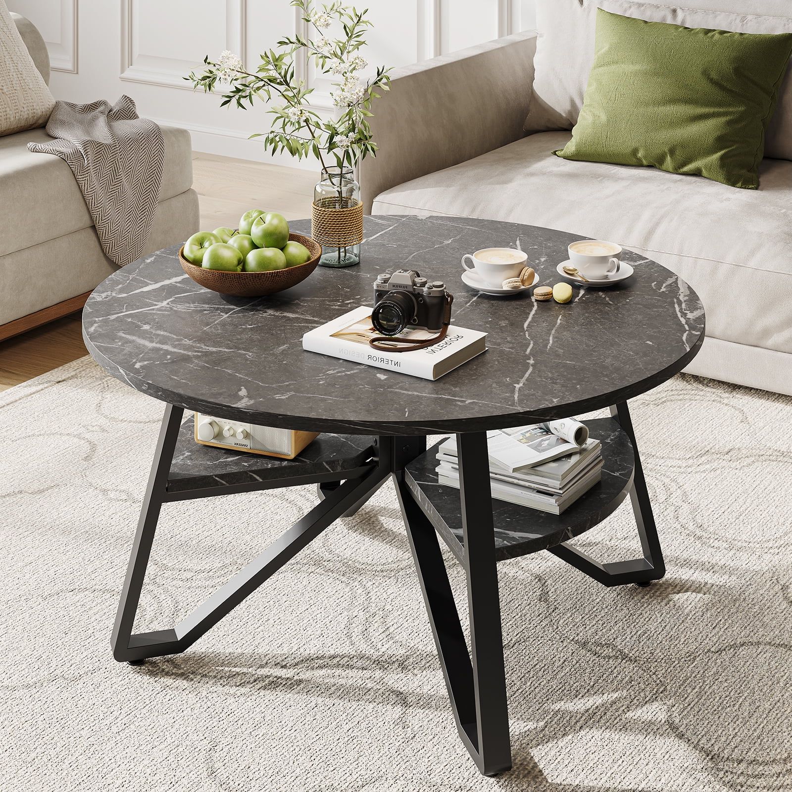 Round Coffee Tables With Steel Frames Inside Widely Used Bestier Round Coffee Table With Storage, Living Room Tables With Sturdy  Metal Legs, Black Marble – Walmart (View 8 of 10)