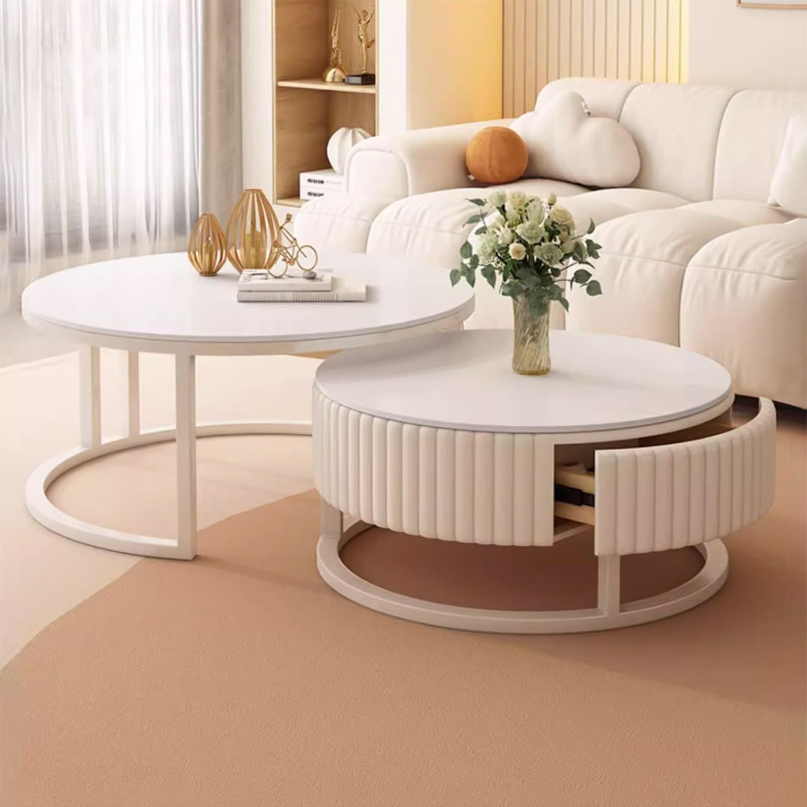 Round Coffee Tables With Storage With Newest Amazon: Coffee Table White Simple Modern Round Coffee Table With Storage  Drawers Coffee Tables For Living Room 2 In 1 Coffee Table Set Durable Metal  Frame Easy Assembly(diameter: 27.5"/31.5") (size : 70cm/27 : (Photo 2 of 10)