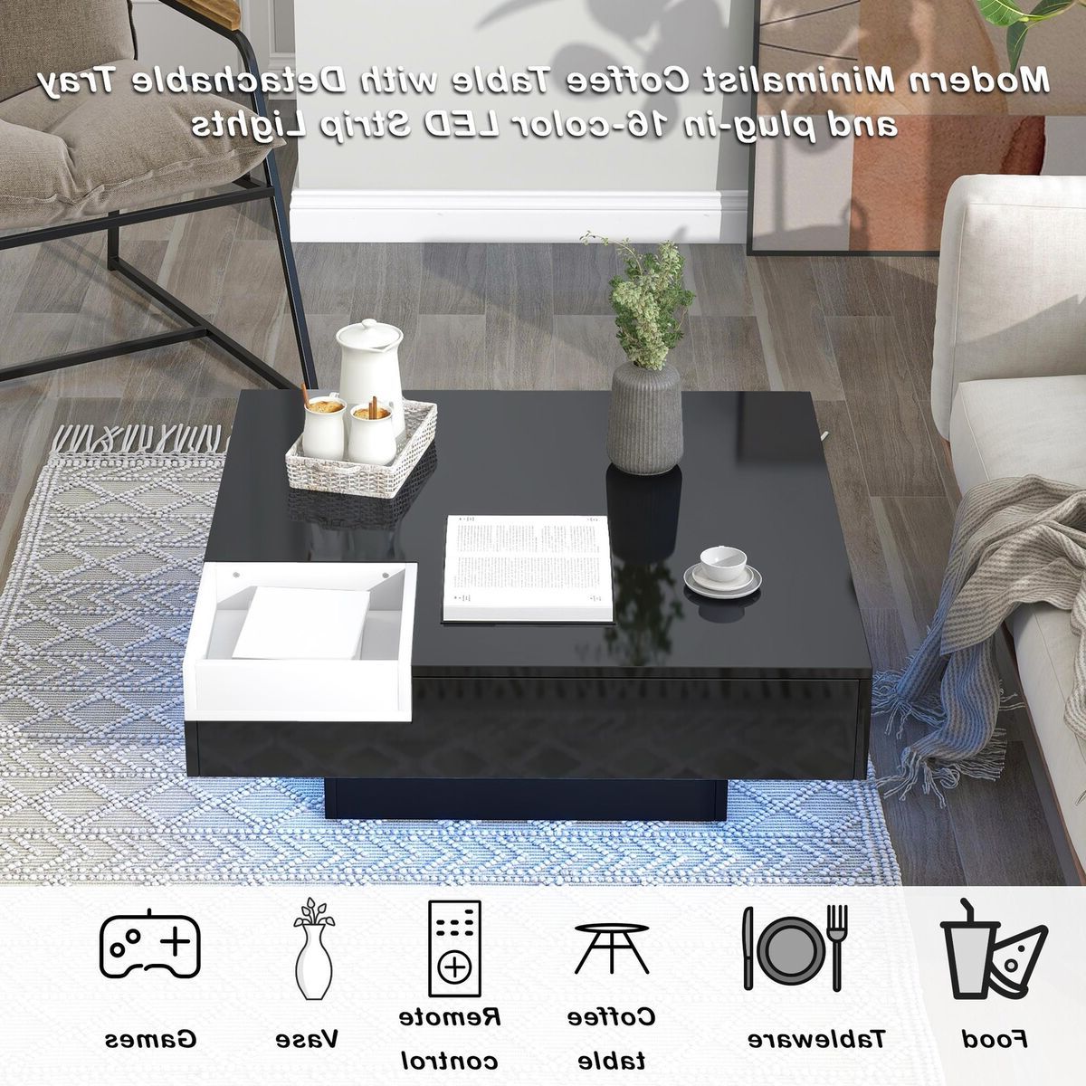 Smart Coffee Table With Detachable Tray Led Modern Home Office Furniture  Black (Photo 6 of 10)