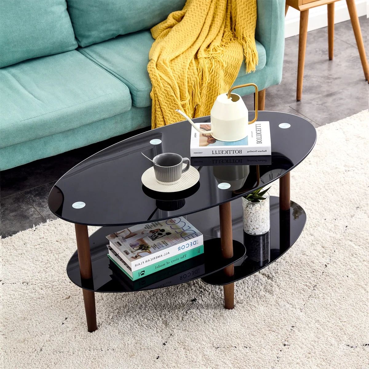 Tempered Glass Oval Side Tables With Newest Tempered Glass Oval Side Coffee Table With Shelf Wooden Base Living Room  Black (Photo 8 of 10)