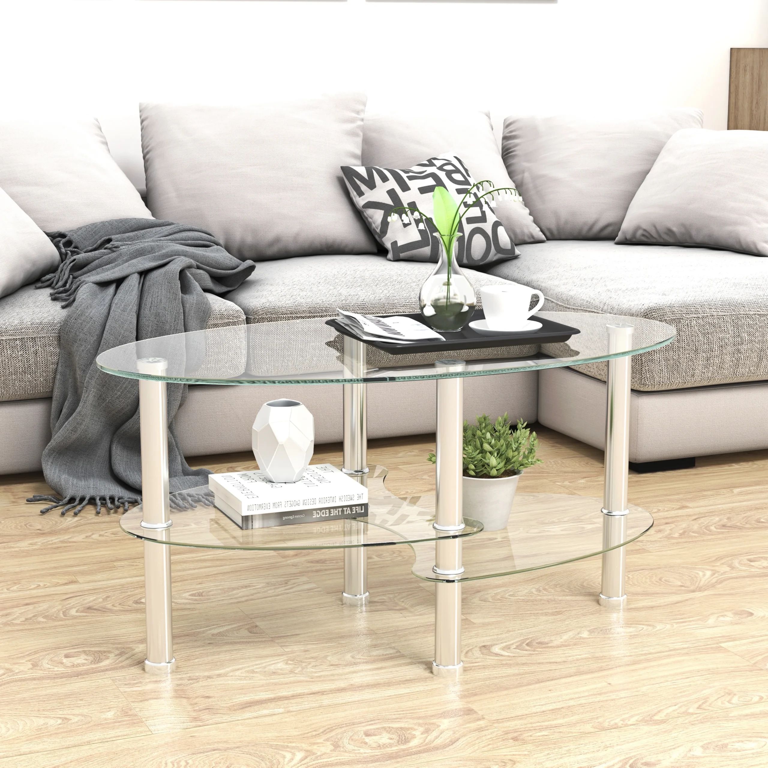 Tempered Glass Oval Side Tables With Popular Yardi Yard Mid Century Modern Oval 2 Tier Tempered Glass Coffee Table With  Storage Side Shelf And Metal Legs For Living Room Clear – Walmart (View 9 of 10)