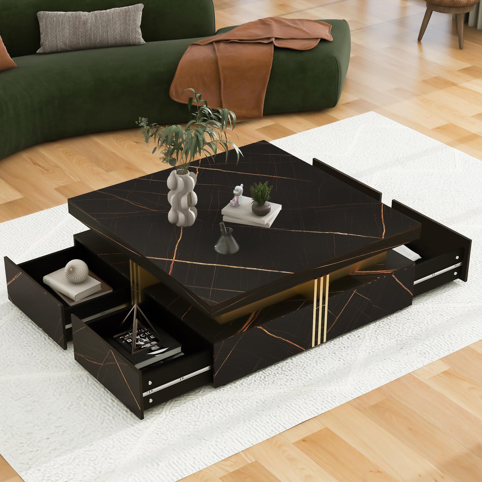 Transitional Square Coffee Tables With Regard To 2020 Amazon: Square Coffee Table With Storage Drawers For Living Room Mid  Century Modern Tea Table Unique Center Table Small Cocktail Tables For  Apartment, Black : Home & Kitchen (View 2 of 10)
