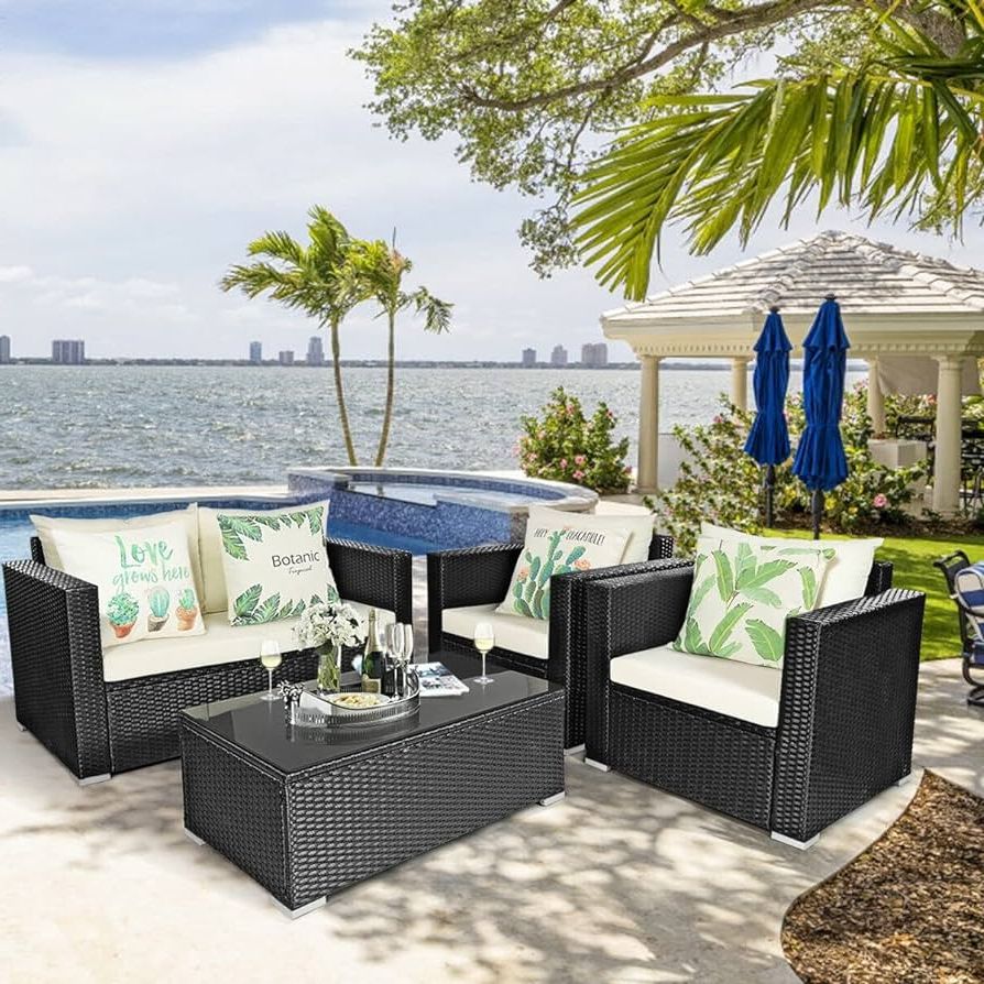 Trendy 4pcs Rattan Patio Coffee Tables Pertaining To Amazon: Wykdd 4pcs Patio Rattan Furniture Set Cushioned Sofa Chair Coffee  Table Excellent Appearance In Classic And Style : Home & Kitchen (View 10 of 10)