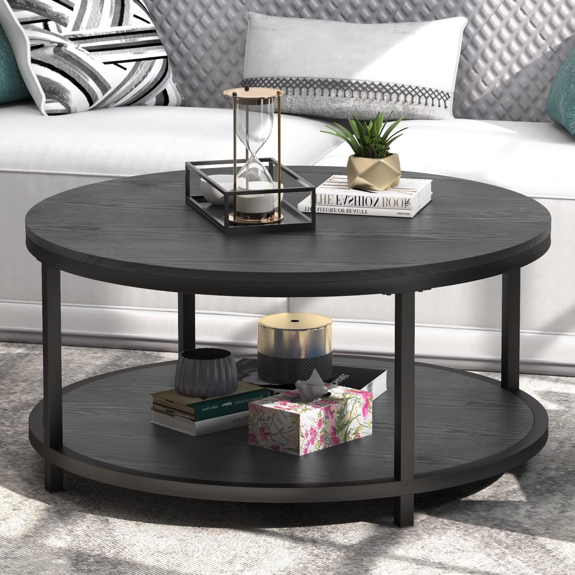 Trendy Full Black Round Coffee Tables With Regard To Edmaxwell Round Coffee Table Black Coffee Tables For Living Room 35.8"  Rustic Industrial Design Circle Table Furniture Sturdy Metal Frame Legs Cocktail  Table With Storage Open Shelf, Easy Assembly : Amazon.ca: Home (Photo 10 of 10)