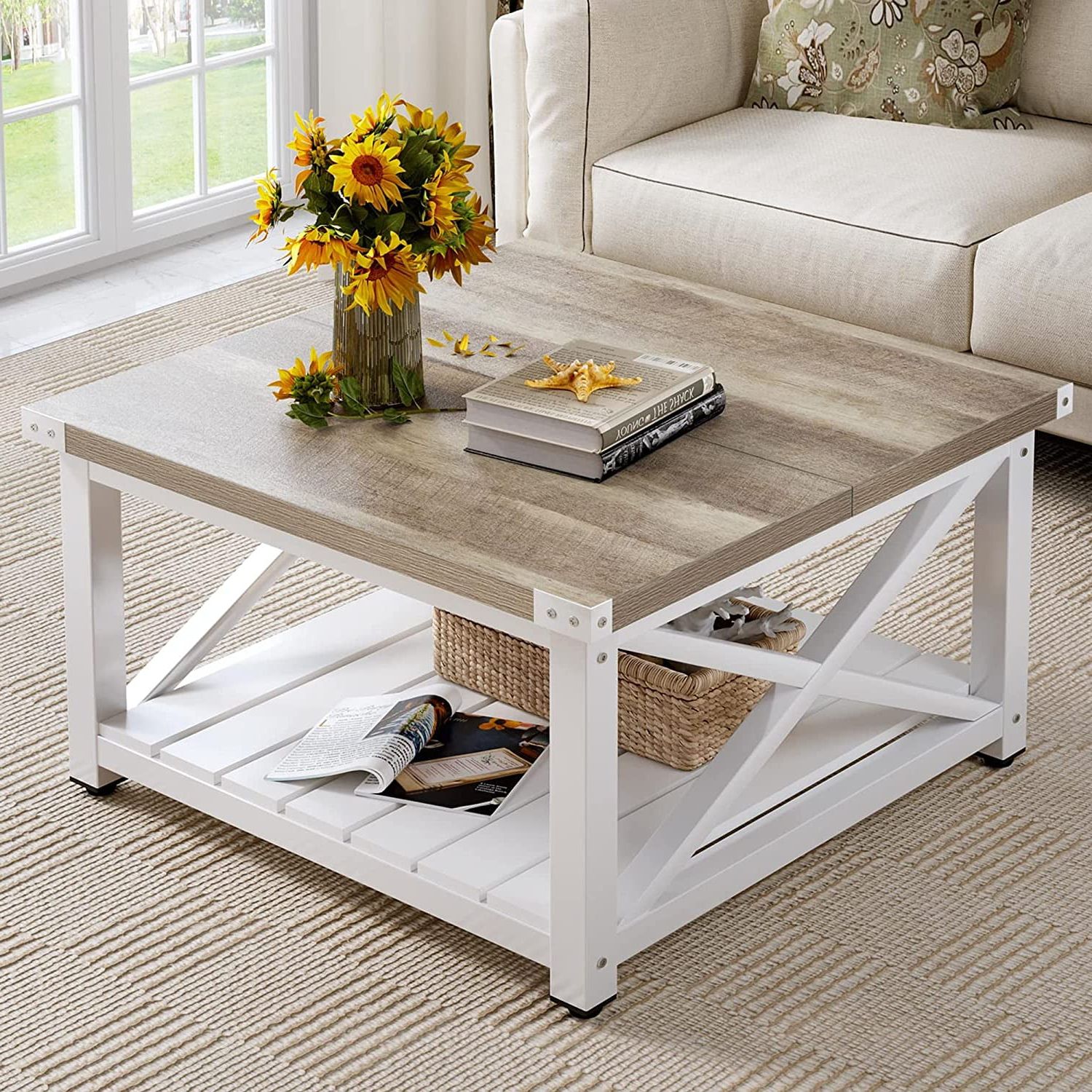 Trendy Living Room Farmhouse Coffee Tables With Dextrus Farmhouse Coffee Table For Living Room, Square Wood Coffee Table  With Open Storage Shelf – Walmart (View 2 of 10)