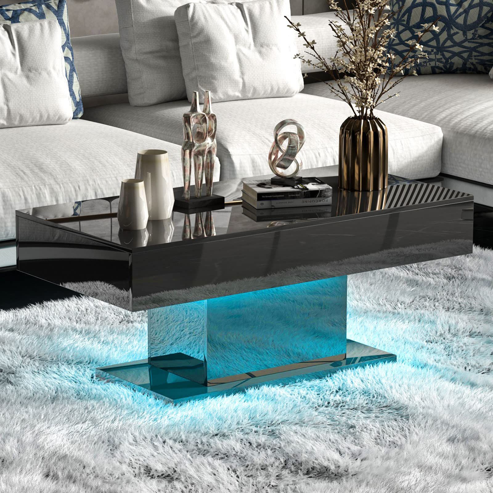 Well Known Amazon: Led Coffee Table For Living Room, Modern High Glossy Coffee  Table With 16 Colors Led Lights, Smart Cocktail Table Rectangle, Wooden  Living Room Table (black) : Home & Kitchen With Regard To Rectangular Led Coffee Tables (View 2 of 10)