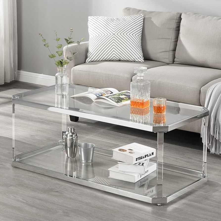 Well Known Amazon: Minpinser Glass Coffee Table, Clear Coffee Table With 2 Tiers,  Acrylic Leg, Chrome Frame, Rectangular Center Table For Living Room : Home  & Kitchen Regarding Clear Rectangle Center Coffee Tables (View 7 of 10)