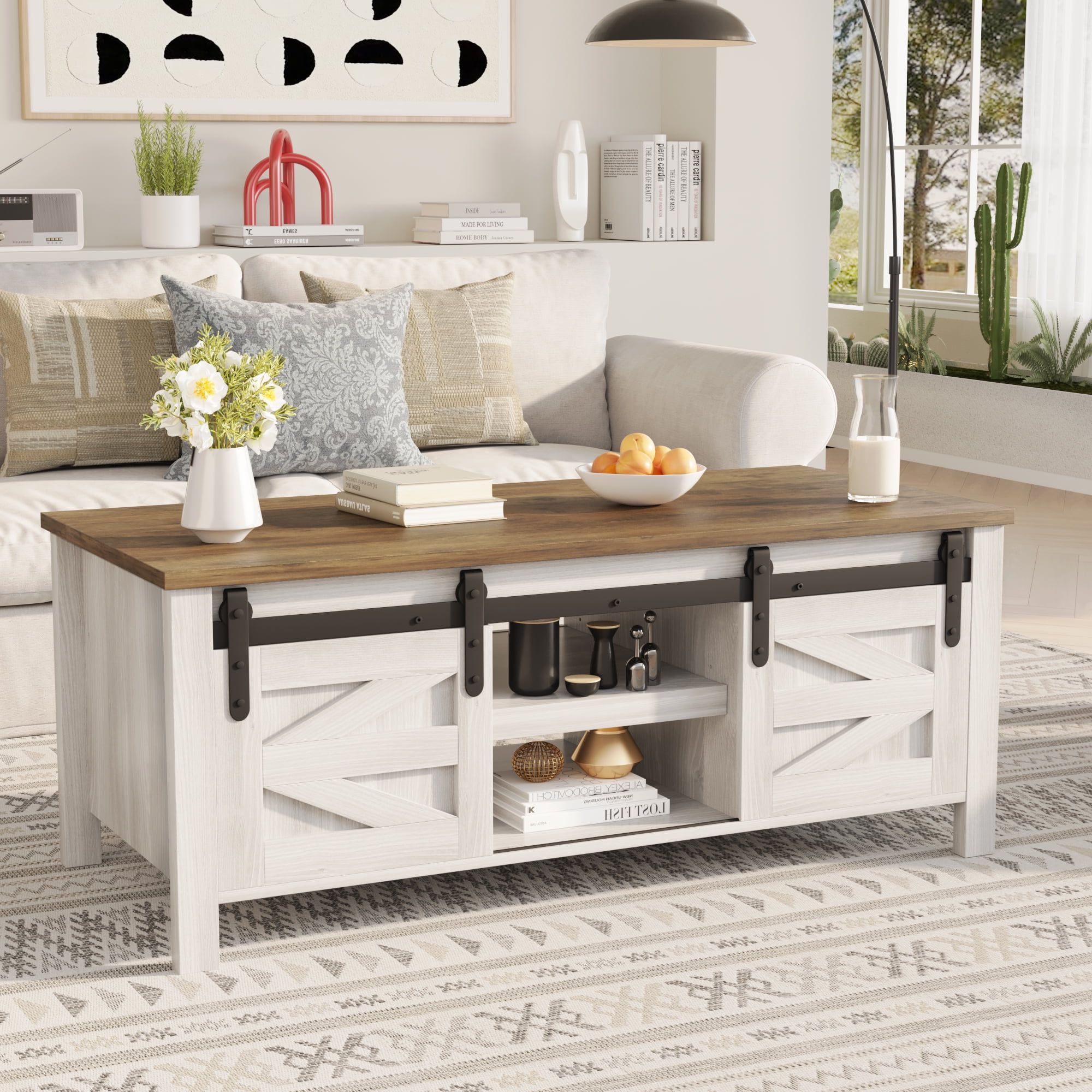 Well Known Coffee Tables With Storage And Barn Doors Regarding Homall Farmhouse Coffee Table Rustic Wooden Center Rectangular Table With Sliding  Barn Doors, Adjustable Cabinet Shelves For Bedroom, Home Office, Living  Room, White – Walmart (View 8 of 10)