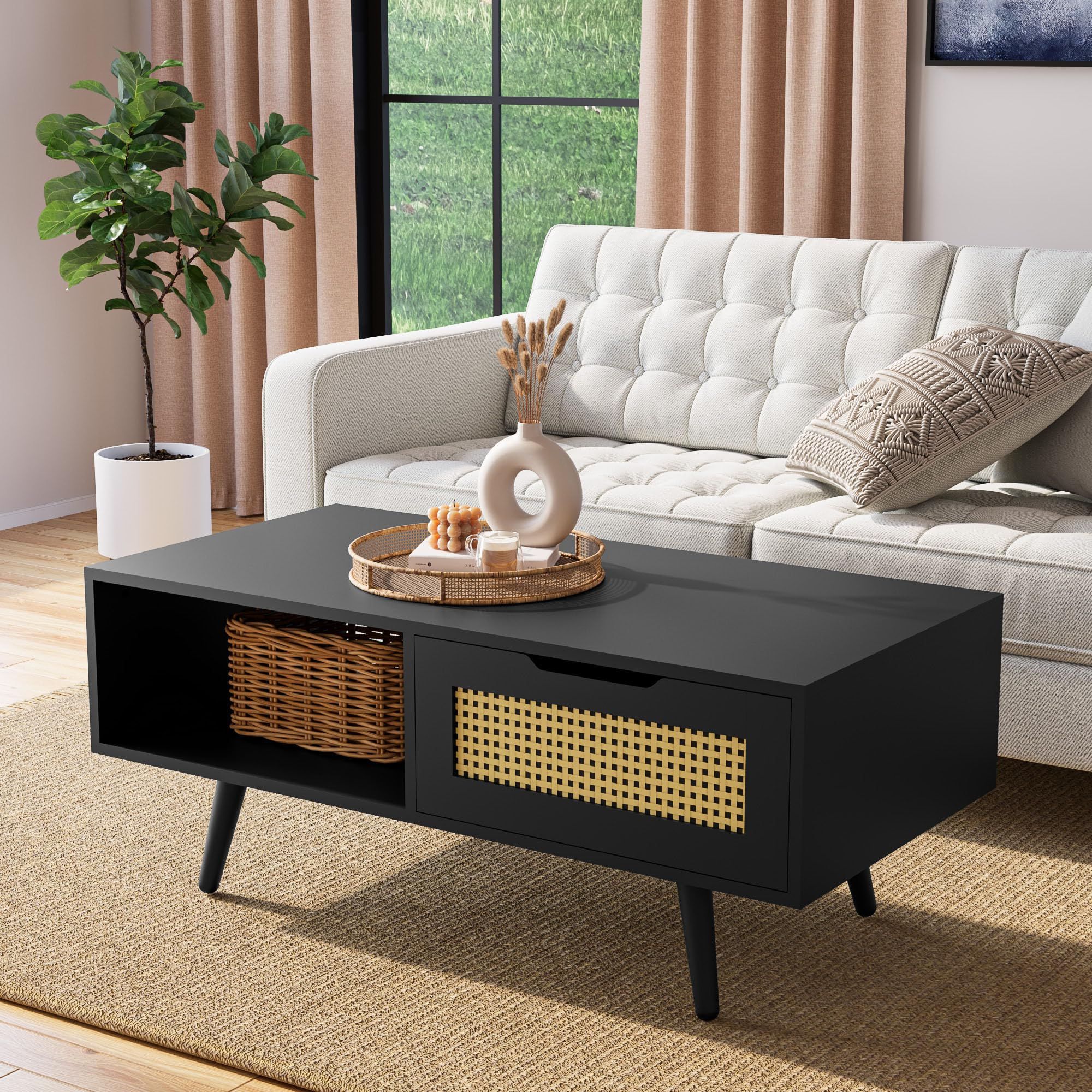 Well Known Cozy Castle Boho Living Room Tables For Amazon: Cozy Castle Boho Coffee Table With Storage, 39'' Rattan Living  Room Tables With Solid Legs, Mid Century Modern Coffee Table For Living Room,  Black : Home & Kitchen (Photo 2 of 10)
