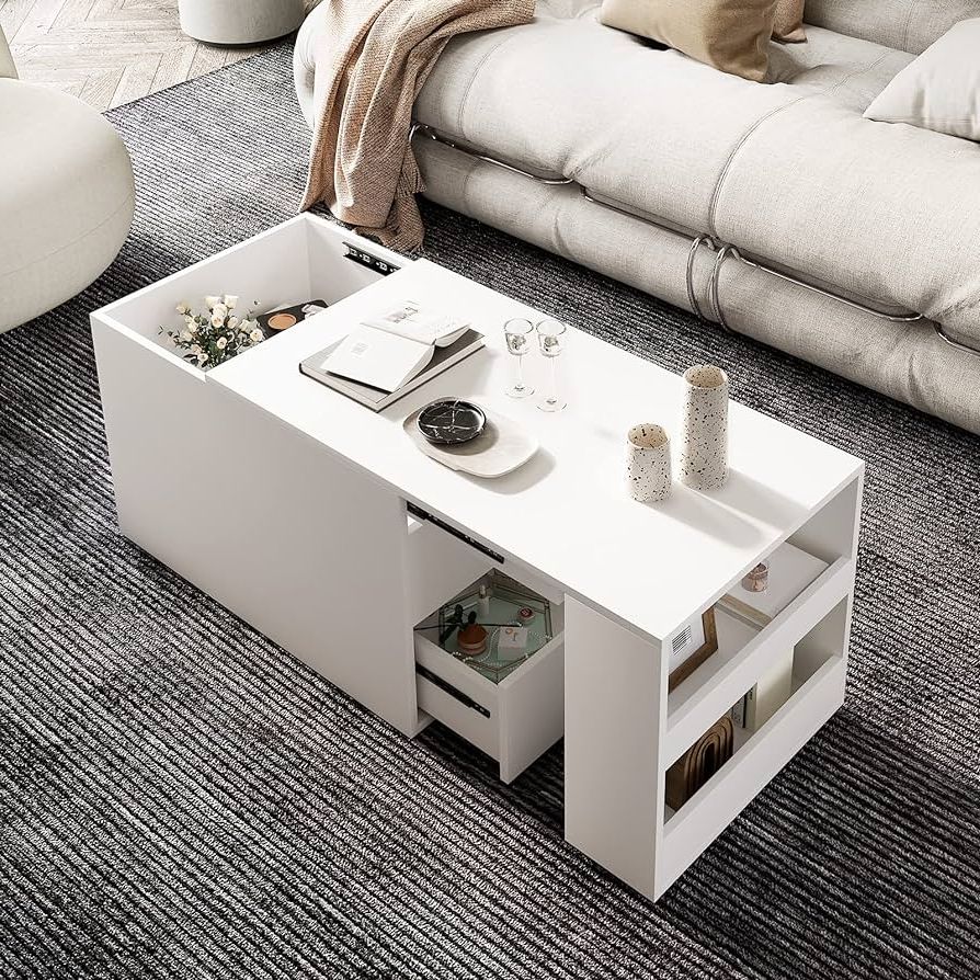Well Known Modern Coffee Tables With Hidden Storage Compartments In Amazon: Coffee Table With Storage,pull Out Sliding Top Coffee Table,modern  Coffee Table Hidden Compartment And Open Storage Shelf For Living  Room,white : Home & Kitchen (Photo 5 of 10)
