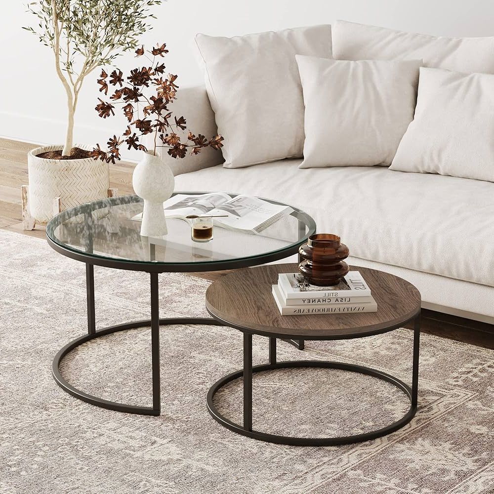 Well Known Modern Nesting Coffee Tables With Regard To Nathan James Stella Round Modern Nesting Coffee Set Of 2, Stacking Living  Room Accent Tables, Rustic Oak/gunmetal/clear Glass : Buy Online At Best  Price In Ksa – Souq Is Now Amazon.sa: Home (Photo 5 of 10)