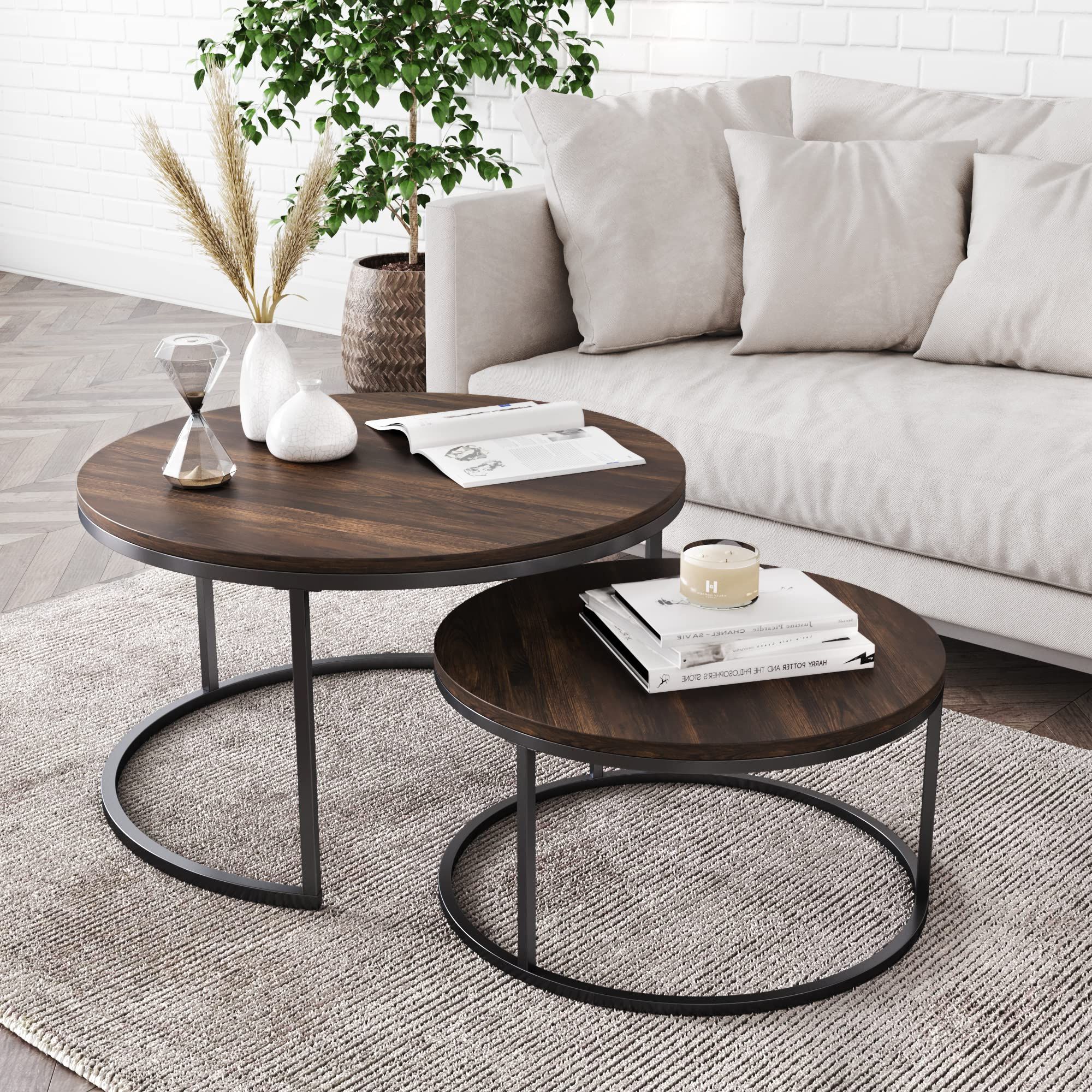 Well Known Modern Nesting Coffee Tables Within Amazon: Nathan James Stella Round Modern Nesting Coffee Set Of 2,  Stacking Living Room Accent Tables With An Industrial Wood Finish And  Powder Coated Metal Frame, Warm Nutmeg/matte Black : Home & (Photo 3 of 10)