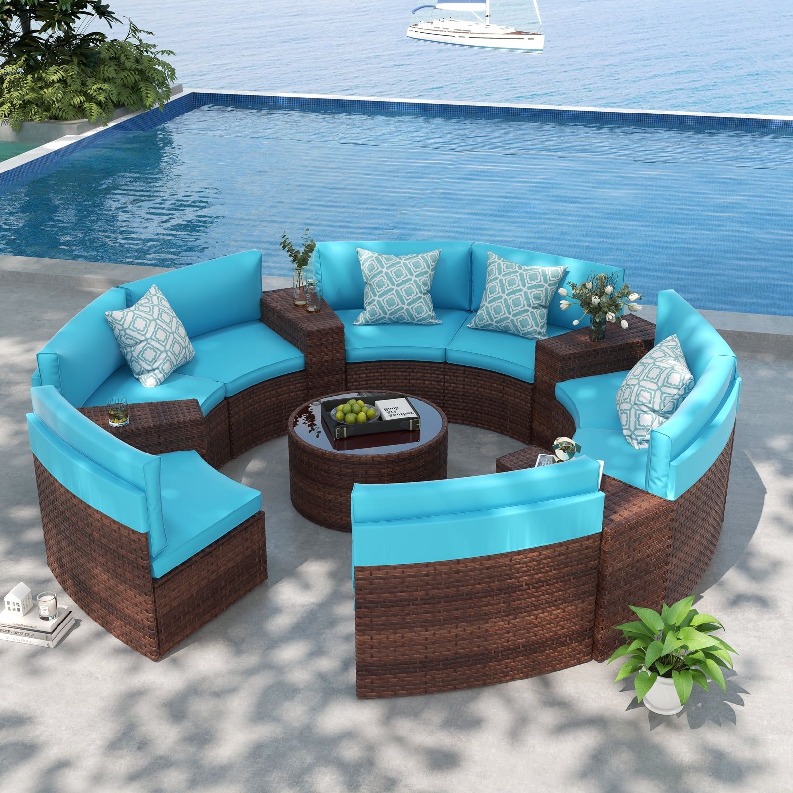 Well Known Orange Casual Outdoor Furniture, Half Moon Curved Sofa, Brown Wicker Coffee  Table & Cushions,13piece – Walmart Regarding Outdoor Half Round Coffee Tables (View 6 of 10)