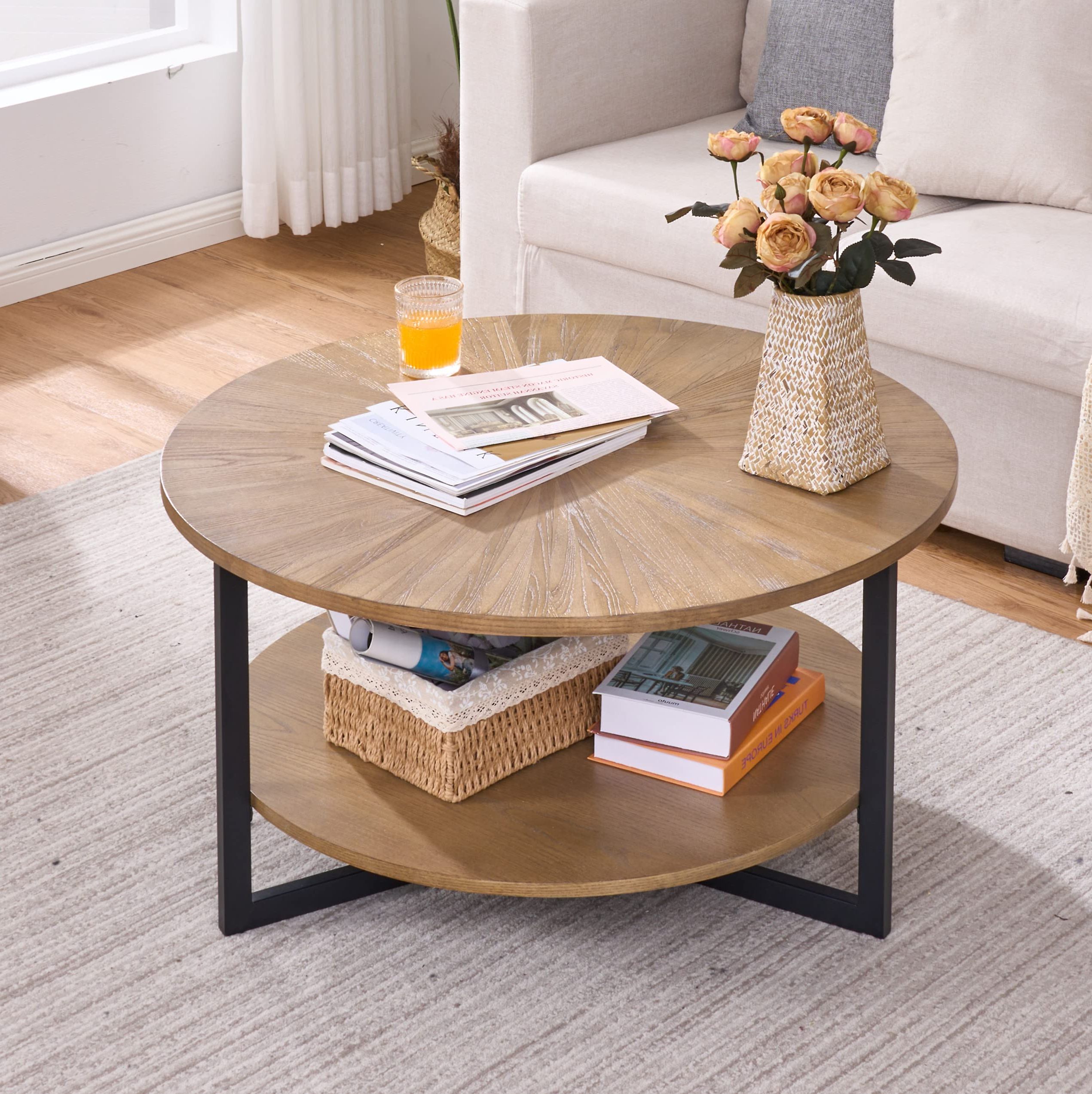 Well Known Wood Coffee Tables With 2 Tier Storage Throughout 35.3" Round Coffee Table With 2 Tier Storage, Farmhouse Living Room Cocktail  Table With Black Metal Leg, Solid Wood Industrial Sofa Center Table,easy  Assembly, Rustic Natural Kfz1338 : Amazon.ca: Home (Photo 1 of 10)