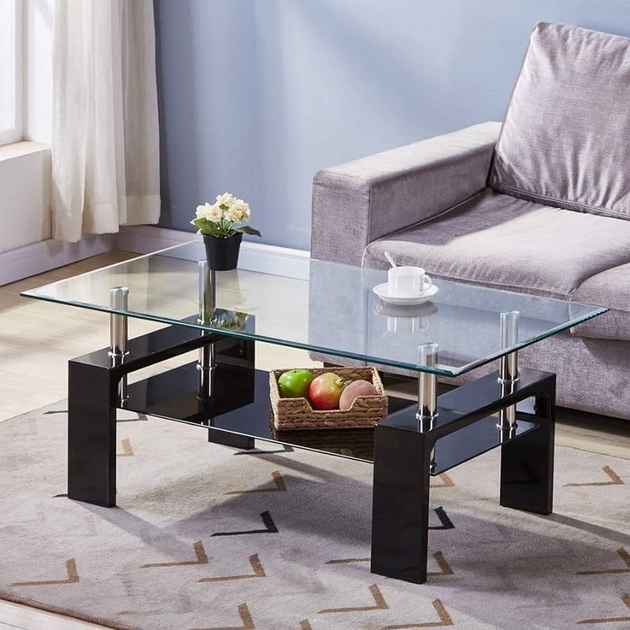 Well Liked Amazon: Rectangle Glass Coffee Table Clear Coffee Table With Metal Tube  Legs, Modern Furniture Side Center Tables With Lower Shelf, End Table For  Living Room Conversation Occasions (black, Type A) : Home Inside Glass Coffee Tables With Lower Shelves (View 4 of 10)