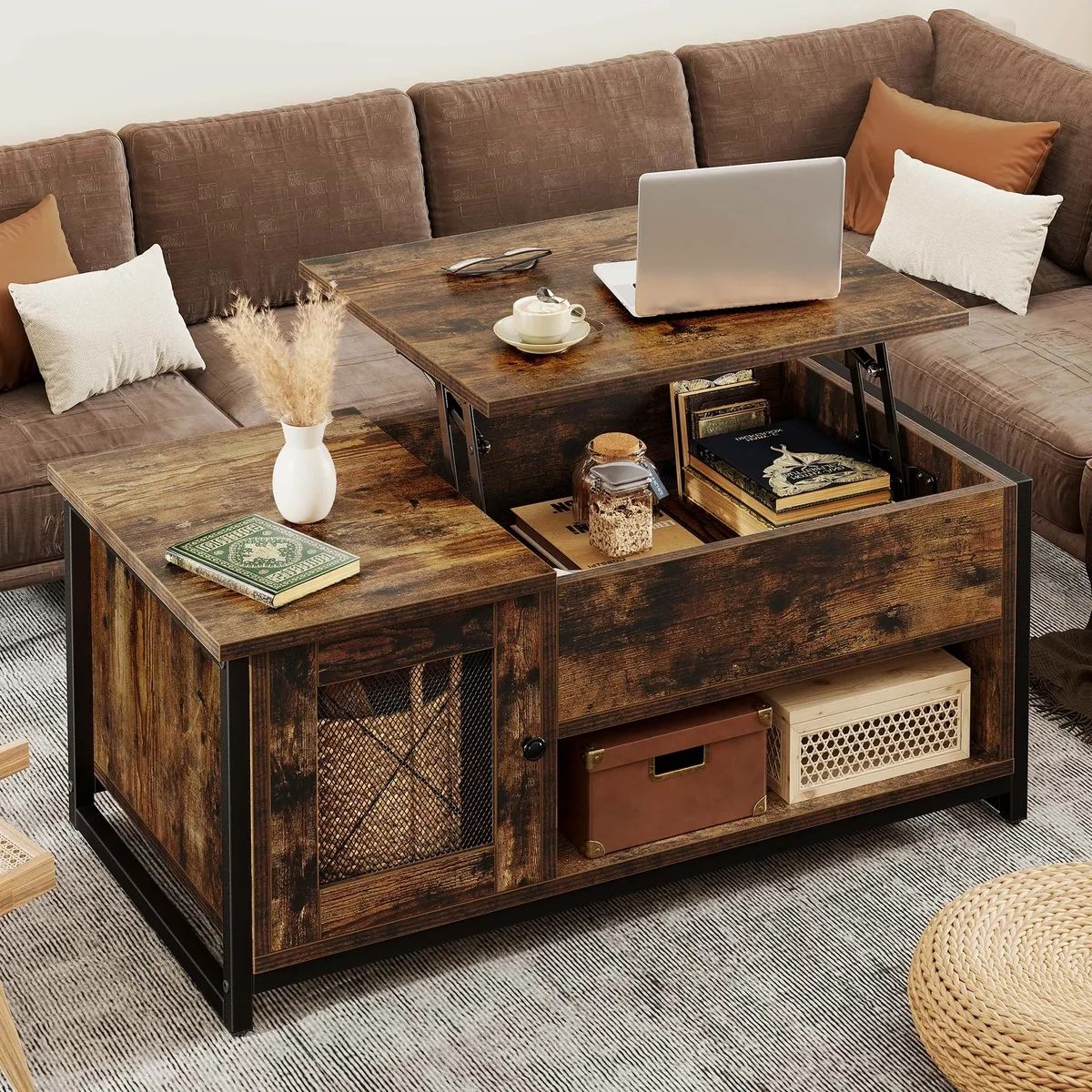 Well Liked Farmhouse Lift Top Coffee Table With Hidden Compartment And Storage Shelf  Brown (Photo 9 of 10)