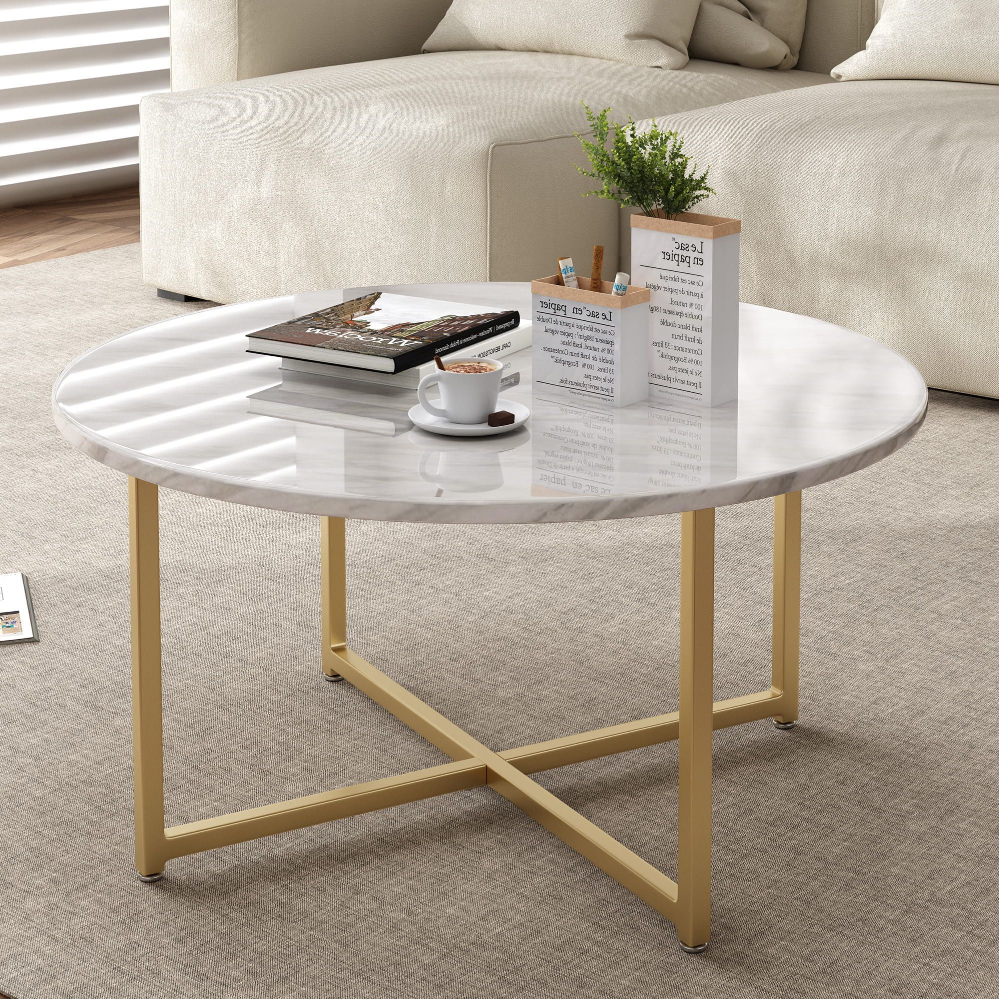White Marble Effect Round Coffee Table With Gold Legs – Dreamo Living Pertaining To Famous Modern Round Faux Marble Coffee Tables (View 9 of 10)
