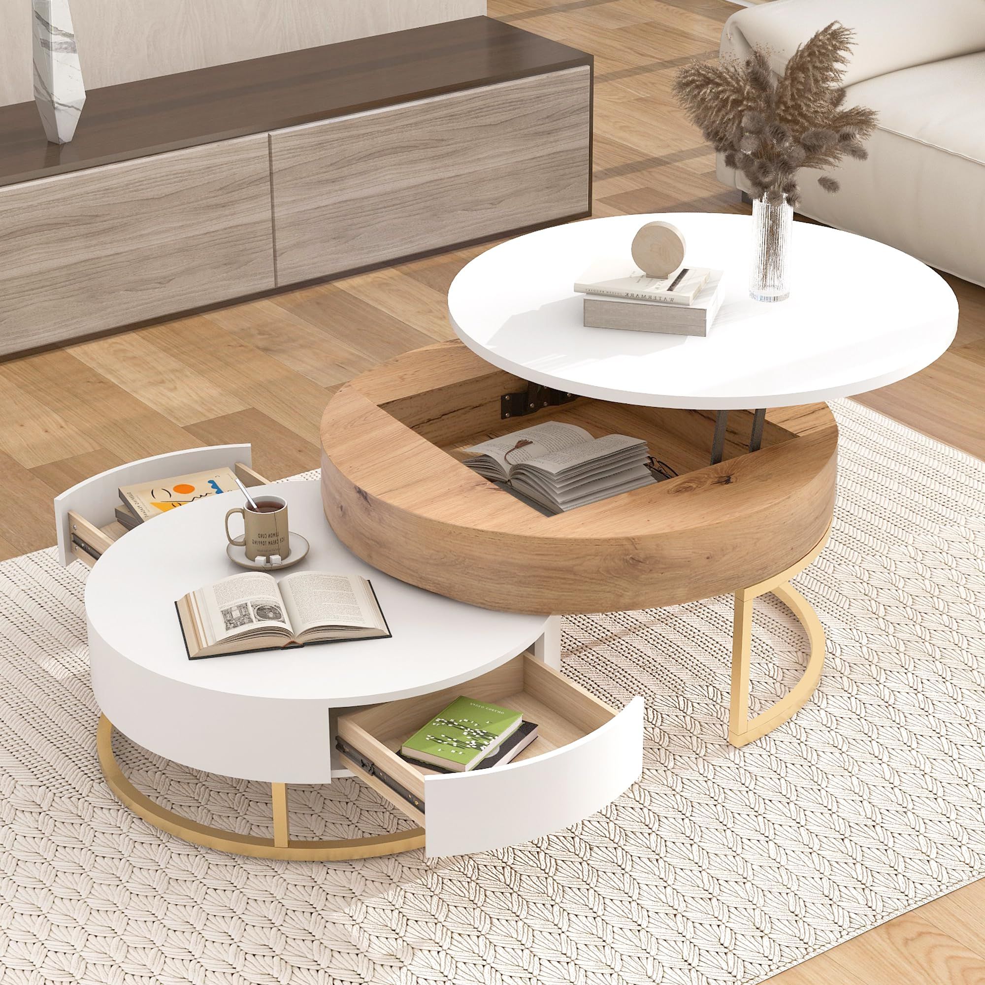 Widely Used Amazon: Lz Leisure Zone Lift Top Coffee Table, Round Nesting Coffee  Table With Storage Drawers, Modern Unique Coffee Tables For Living Room,  Oak Natural Wood + Antique White : Home & Kitchen Throughout Round Coffee Tables With Storage (View 5 of 10)
