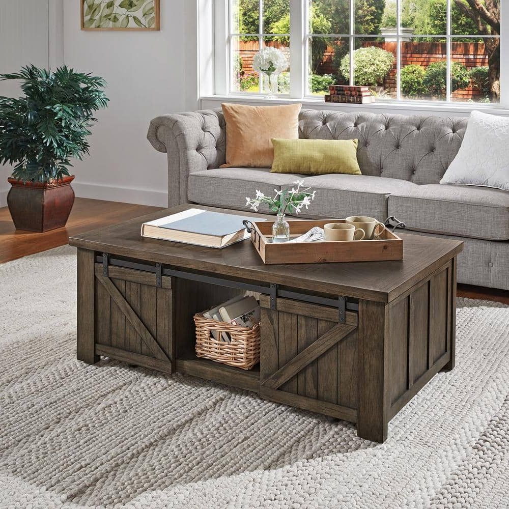 Widely Used Coffee Tables With Sliding Barn Doors With Regard To Homesullivan 48 In. Grey Rectangle Wood Barn Door Coffee Table With Storage  40811ga 30 – The Home Depot (Photo 8 of 10)