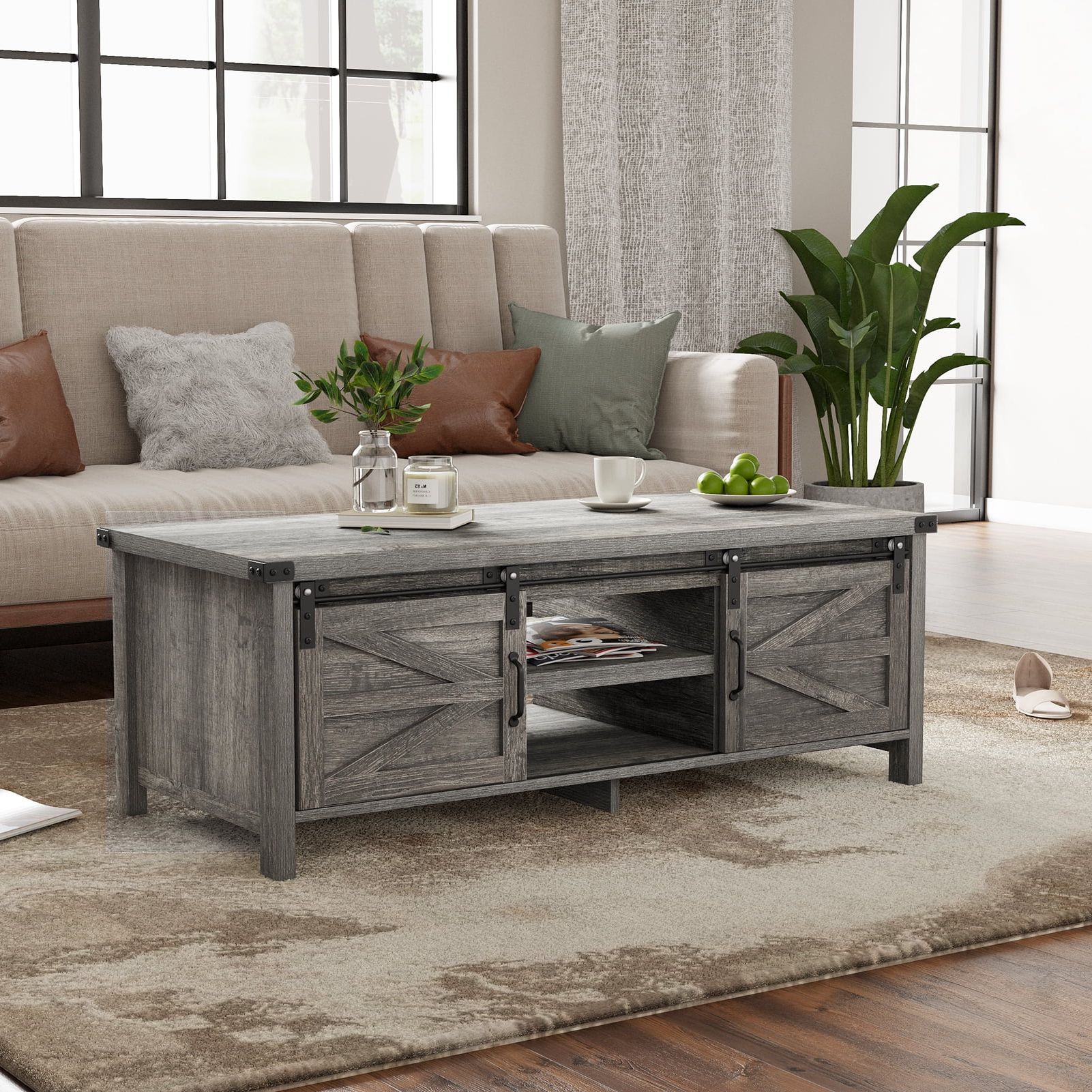 Widely Used Yaoping 48" Modern Farmhouse Coffee Table With Adjustable Storage Cabinets  Shelves, Modern Coffee Table For Living Room With Sliding Barn Door –  Walmart In Coffee Tables With Sliding Barn Doors (Photo 10 of 10)
