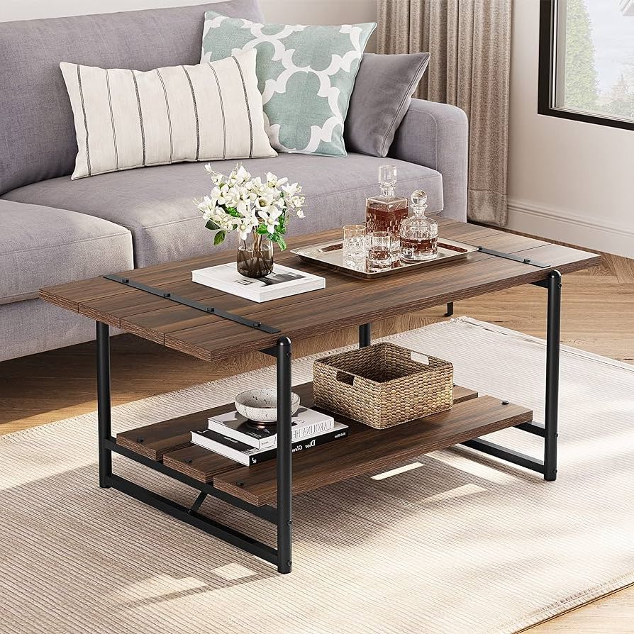 Wood Coffee Tables With 2 Tier Storage In Most Up To Date Amazon: 2 Tier Modern Industrial 41'' Large Wood Coffee Table With Storage  Shelf – Rustic Metal Rectangle Center Living Room Coffee Table Accent  Furniture For Home Office, Brown Walnut : Home & Kitchen (View 2 of 10)