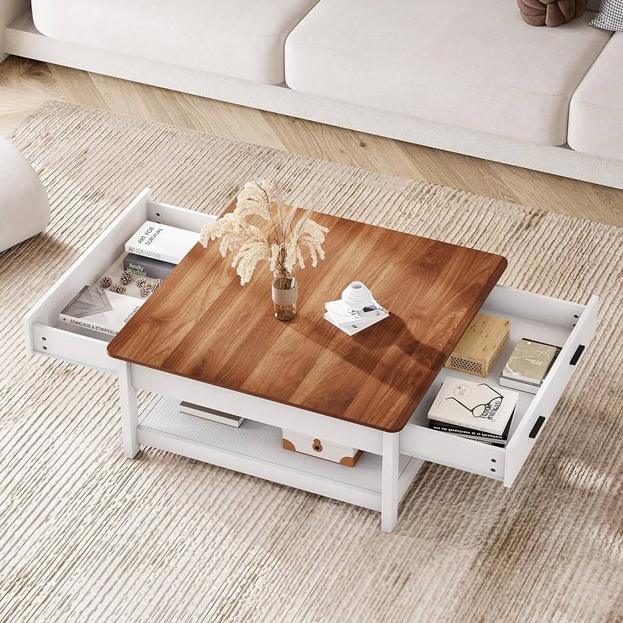 Wood Coffee Tables With 2 Tier Storage Pertaining To Most Recent Amazon: Dwvo Square Coffee Table With 2 Drawers 2 Tier Shelf Wood  Coffee Table For Living Room, White Walnut : Home & Kitchen (Photo 8 of 10)