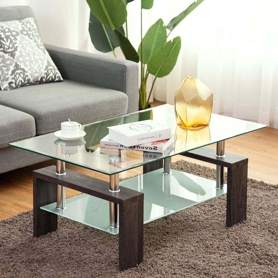 Wood Tempered Glass Top Coffee Tables Regarding 2020 Amazon: Safstar Rectangle Glass Coffee Table, 2 Tier Tea Table W/tempered  Glass Top & Nature Wood Legs, Modern Living Room Table W/lower Shelf, End  Table : Home & Kitchen (View 2 of 10)