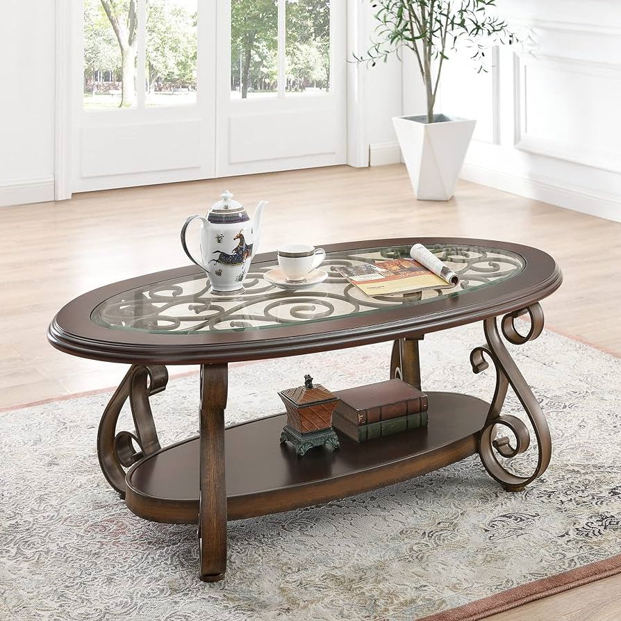 Wood Tempered Glass Top Coffee Tables Throughout Well Known Amazon: Melpomene Elegant Coffee Table With Tempered Glass Top & Carved  Metal Legs Traditional Wood Living Room Center Tables : Home & Kitchen (Photo 1 of 10)